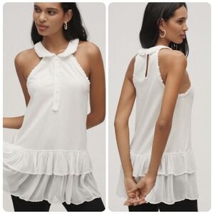 Maeve White Sleeveless Collared‎ Halter Ruffled Tunic Top Cotton Size Medium NEW